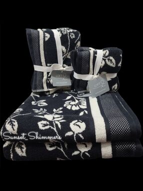 8pc Loft Black Cream Floral Bath Hand Washcloth Towel Set New
